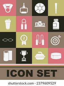 Set Hockey puck, Target with arrow, Sports nutrition, Football ball, expander, Fitness shaker, Medal and Award over sports winner podium icon. Vector