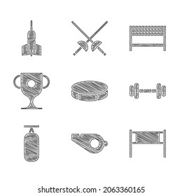 Set Hockey puck, Whistle, Volleyball net, Dumbbell, Punching bag, Award cup, Ribbon finishing line and Dart arrow icon. Vector
