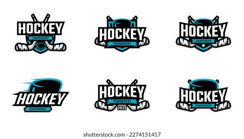 Set of hockey sport logo. Sports badge for team or championship. Puck and stick vector template