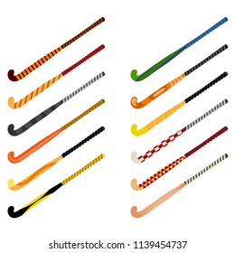 Set of hockey sticks on grass on a white background. Sports equipment for the game. Beautiful sticks. Vector illustration