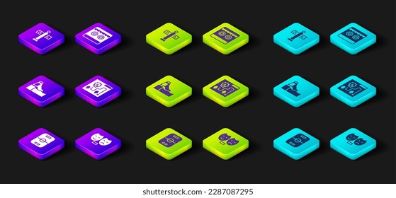 Set Hockey table, Comedy and tragedy masks, Water slide, Amusement park map, Shooting gallery and Road traffic signpost icon. Vector