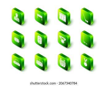 Set Hockey table, Locker or changing room, Ice hockey stick, and puck, Medal, Stopwatch and stadium icon. Vector