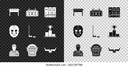 Set Hockey table, mechanical scoreboard, Locker changing room, judge, referee, arbiter, helmet, Ice hockey sticks and puck, mask and  icon. Vector