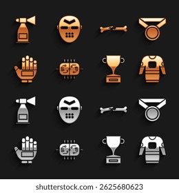 Set Hockey table, Medal, jersey, Award cup, glove, Human broken bone, Air horn and mask icon. Vector