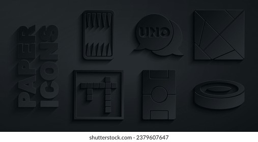 Set Hockey table, Rubik cube, Bingo, Checker game chips, Uno card and Backgammon board icon. Vector