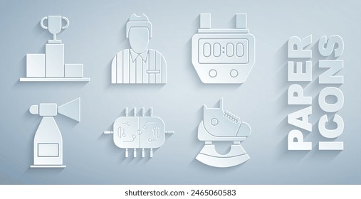 Set Hockey table, Stopwatch, Air horn, Skates, judge, referee, arbiter and over sports winner podium icon. Vector