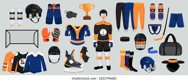 Eine Reihe von Hockeyuniformen. Hockey-Torhüter. Puck, Stick, Helm, Schutz, Tor, Kniekopp, Armbänder, Skate, Tasche, kurze Hosen, Unterhosen, Becher, Pfeifen, Handschuhe. Cartoon