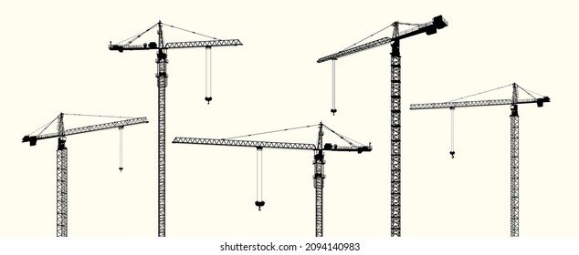 Montaje de grúas enarboladas aisladas sobre fondo blanco. Grúa de construcción с colección de vectores.