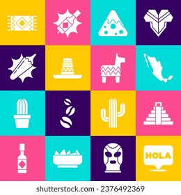 Set Hola, Chichen Itza in Mayan, Map of mexican, Nachos, Mexican sombrero, Hot chili pepper pod, carpet and Pinata icon. Vector