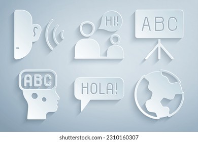 Set Hola in different languages, Chalkboard, Learning foreign, Earth globe, Two sitting men talking and listen sound signal icon. Vector