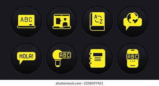 Set Hola in different languages, Learning foreign, Creative lamp light idea, Notebook, Translator, Foreign online study,  and Chalkboard icon. Vector