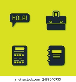 Set Hola in different languages, Notebook, Exam sheet and Briefcase icon. Vector