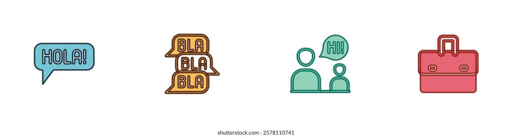 Set Hola in different languages, Speech bubble chat, Two sitting men talking and Briefcase icon. Vector