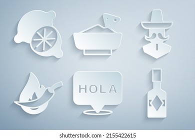 Set Hola, Mexican man sombrero, Hot chili pepper pod, Tabasco sauce, Nachos in bowl and Lime icon. Vector