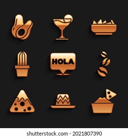 Set Hola, Mexican sombrero, Nachos in bowl, Coffee beans, Cactus or succulent pot,  and Avocado fruit icon. Vector