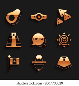 Set Hola, Mexican sombrero, Poncho, Sun, Mexico flag, Chichen Itza in Mayan, Nachos and Avocado fruit icon. Vector