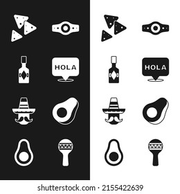 Set Hola, Tabasco sauce, Nachos, Wrestling championship belt, Mexican man sombrero, Avocado fruit, Maracas and  icon. Vector