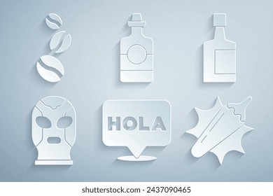 Set Hola, botella de tequila, luchador mexicano, vaina de chile picante caliente, e icono de granos de café. Vector