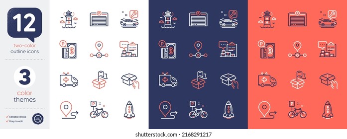 Set of Hold box, Rocket and Parking payment line icons. Include Parking garage, Inventory report, Delivery location icons. Bike, Station, Lighthouse web elements. Journey, Car service. Vector