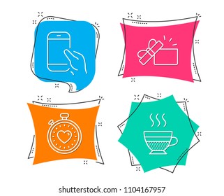 Set of Hold smartphone, Opened gift and Heartbeat timer icons. Cafe creme sign. Phone call, Present box, Love stopwatch. Hot coffee.  Flat geometric colored tags. Vivid banners. Trendy graphic design