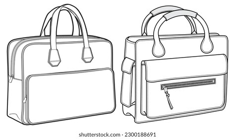 Set of holdall Briefcase bag flat sketch fashion illustration drawing template mock up, Zipper lock briefcase bag cad drawing. work briefcase bag flat sketch vector