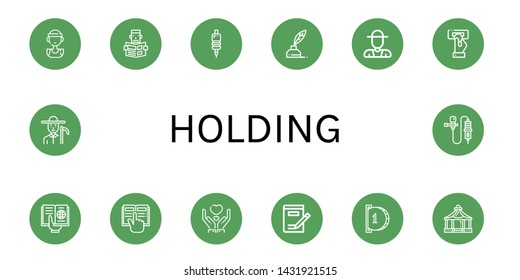 Set of holding icons such as Basketball player, Reading, Grip, Write, Farmer, Insert coin, Give, Writing, Shelter, Lavalier , holding