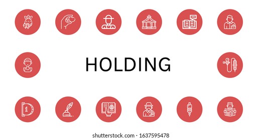 Set of holding icons. Such as Reading, Give, Farmer, Shelter, Salesman, Insert coin, Write, Grip, Basketball player, Lavalier , holding icons