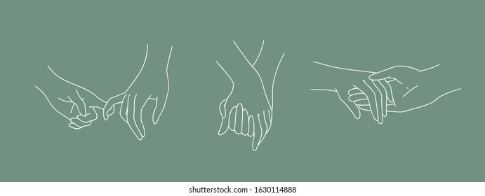 Set of holding outline hands couples with interlocked fingers. Symbol people in love, romance relationship, support, dating, friendship in liner style. Vector illustration isolated on green background