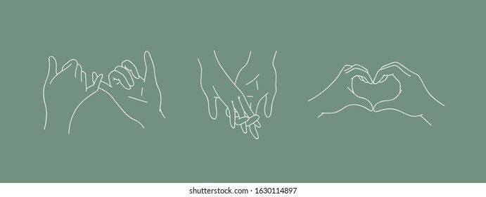 Set of holding outline hands couples with interlocked fingers. Symbol people in love, romance relationship, support, dating, friendship in liner style. Vector illustration isolated on green background