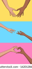 Set of holding and reaching hands. Romantic concept with multiracial lovers. Heart shaped hands on bright color backgrounds. Vector colorful illustration for poster, t-shirt print, postcard