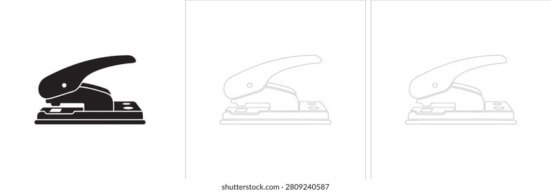 Set of hole puncher icons in different styles. Includes a solid black hole puncher, outline hole puncher on a transparent background, and outline hole puncher on a white background for various design needs.