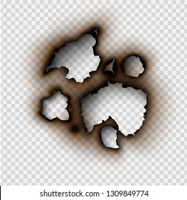 set Hole torn in ripped paper with burnt and flame on transparent background