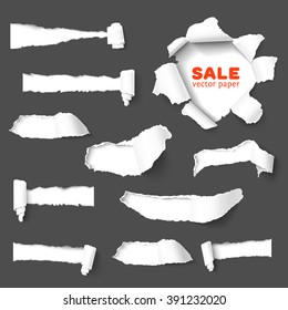 Set of holes in dark gray paper with torn sides over white paper background with space for text. Realistic vector torn paper with ripped edges. Design elements for advertising and sale promotion.