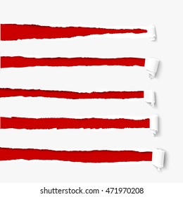 Set of holes in white paper with red copyspace. Torn with ripped edges and rolls