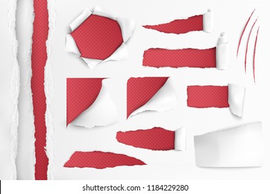 Set of holes in white paper with ripped edges over red background realistic vector illustration