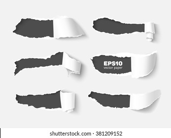 Set of holes in white paper with ripped sides over dark paper background with space for text. Realistic vector torn paper with ripped edges. Ripped paper banner for web and print and 