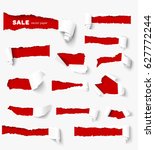 Set of holes in white paper with torn sides over red paper background with space for text. Realistic vector torn paper with ripped edges. Design elements for advertising and sale promotion.