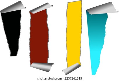 set of holes in white paper with torn sides over. Print colors on the ripped paper. Paper background with print colors and ripped paper. Vector illustration. 
