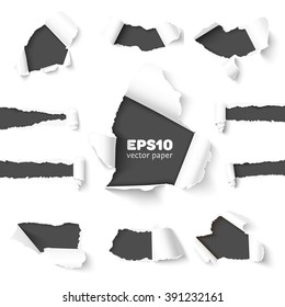 Set of holes in white paper with torn sides over dark paper background with space for text. Realistic vector torn paper with ripped edges. Torn paper banner for web and print advertising