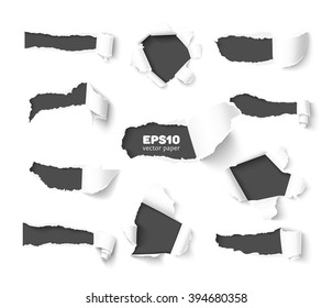 Set of holes in white paper with torn sides over dark paper background with space for text. Realistic vector torn paper with ripped edges. Damage paper with folded sides