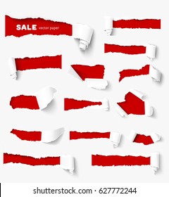 Set of holes in white paper with torn sides over red paper background with space for text. Realistic vector torn paper with ripped edges. Design elements for advertising and sale promotion.