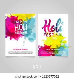 Set of Holi Festival a4 backgrounds with abstract colorful rainbow paint splashes. Poster, brochure, banner or flyer template design with lettering Happy Holi Festival with sample text