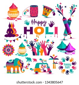 Set of Holi flat icons in indian style. Vector illustration