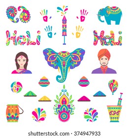 Set of Holi flat icons in indian style. Vector illustration