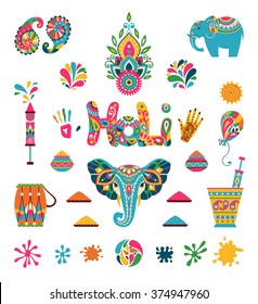 Set of Holi flat icons in indian style. Vector illustration