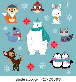Establecer animales de vacaciones. Conjunto invernal de animales. Clínico vectorial de animales.