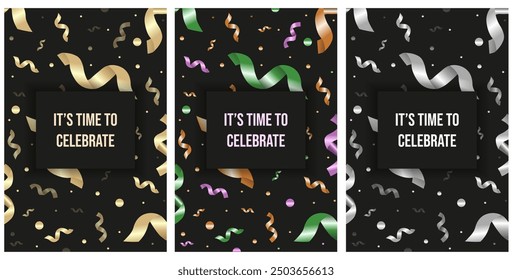 Set of holiday background with 3D Metal confetti isolated black. Luxury greeting card design. Festive vector easthetic postcard ideal for social media poster, card, banner