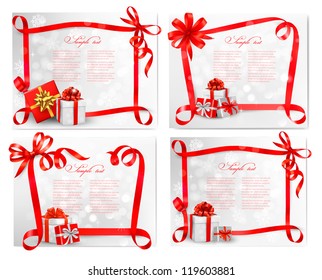 Set of holiday backgrounds with red gift bow with gift boxes. Vector illustration.