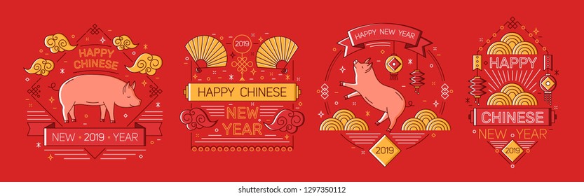 Set of holiday banner templates with Happy Chinese New Year 2019 inscription in red and golden colors decorated with pigs, traditional fans and lanterns drawn on line art style. Vector illustration.