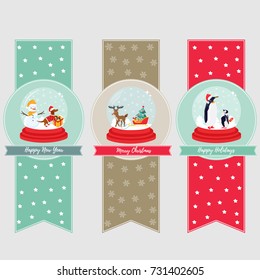 Set of holiday banners and bookmarks with snow balls and cute animals inside